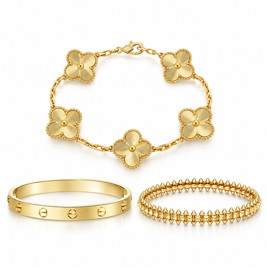 [Love's Uplift] CLASH & Clover Laser 5-Motif & LOVE Brushed Bracelet Stack Set