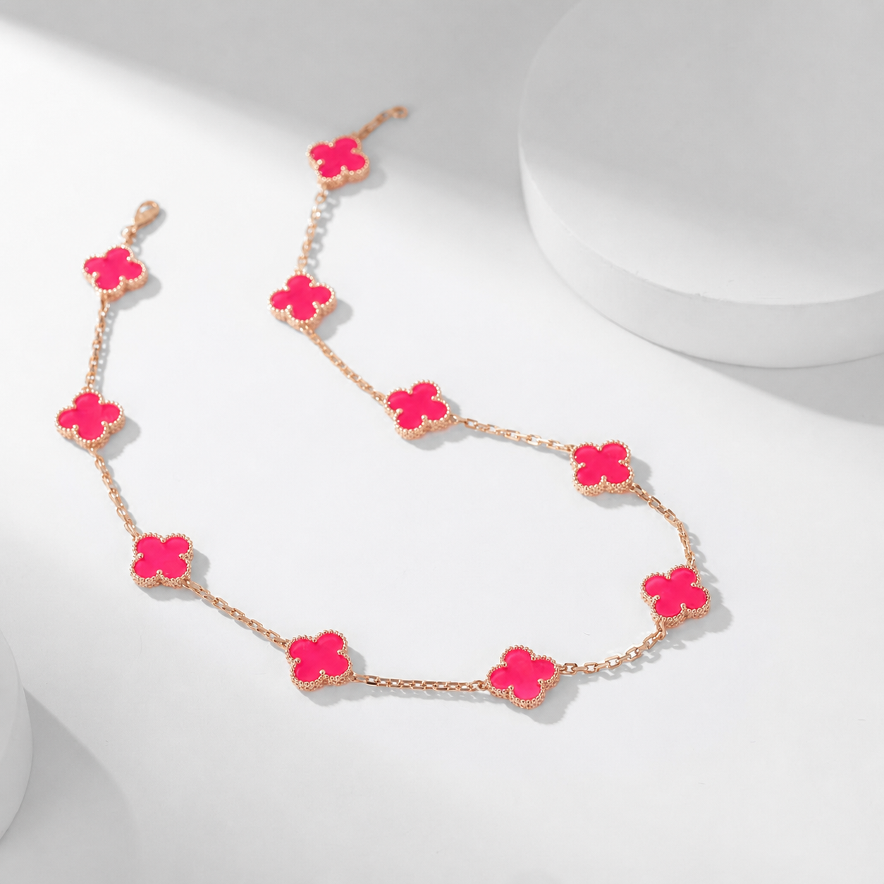 [Love's Uplift]CLOVER 10 MOTIFS PINK ENAMEL NECKLACE