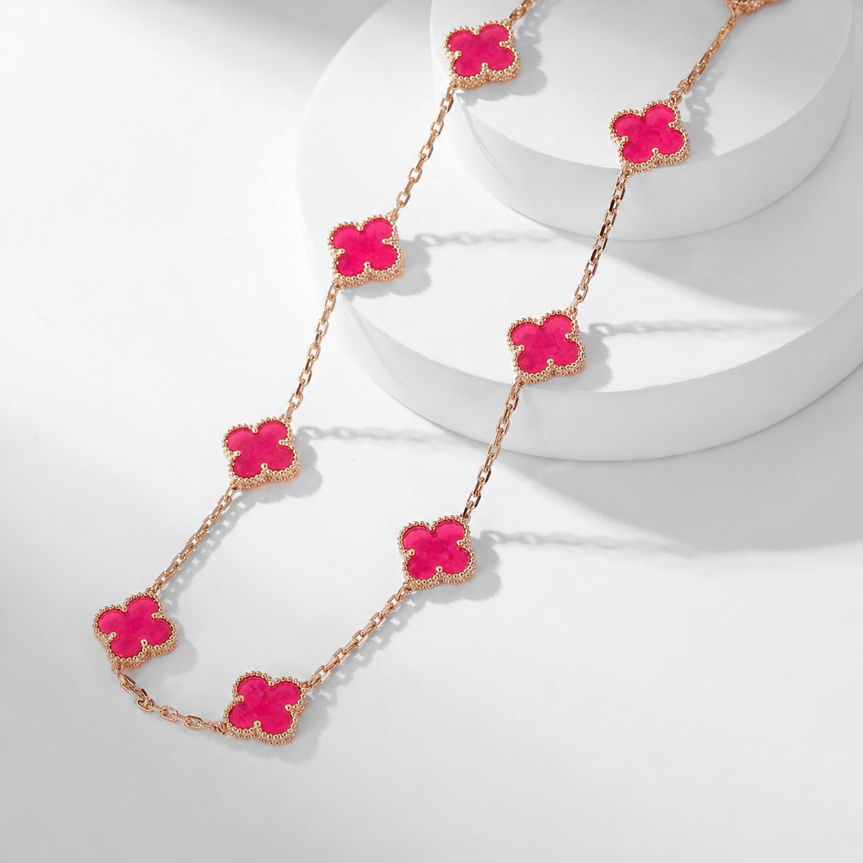 [Love's Uplift]CLOVER 10 MOTIFS PINK ENAMEL NECKLACE