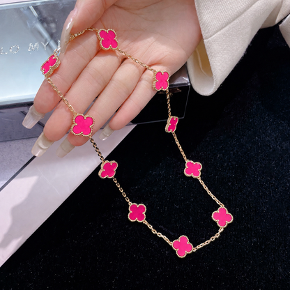 [Love's Uplift]CLOVER 10 MOTIFS PINK ENAMEL NECKLACE
