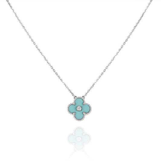 [Love's Uplift]CLOVER 1 DIAMOND LIGHT BLUE SILVER NECKLACE
