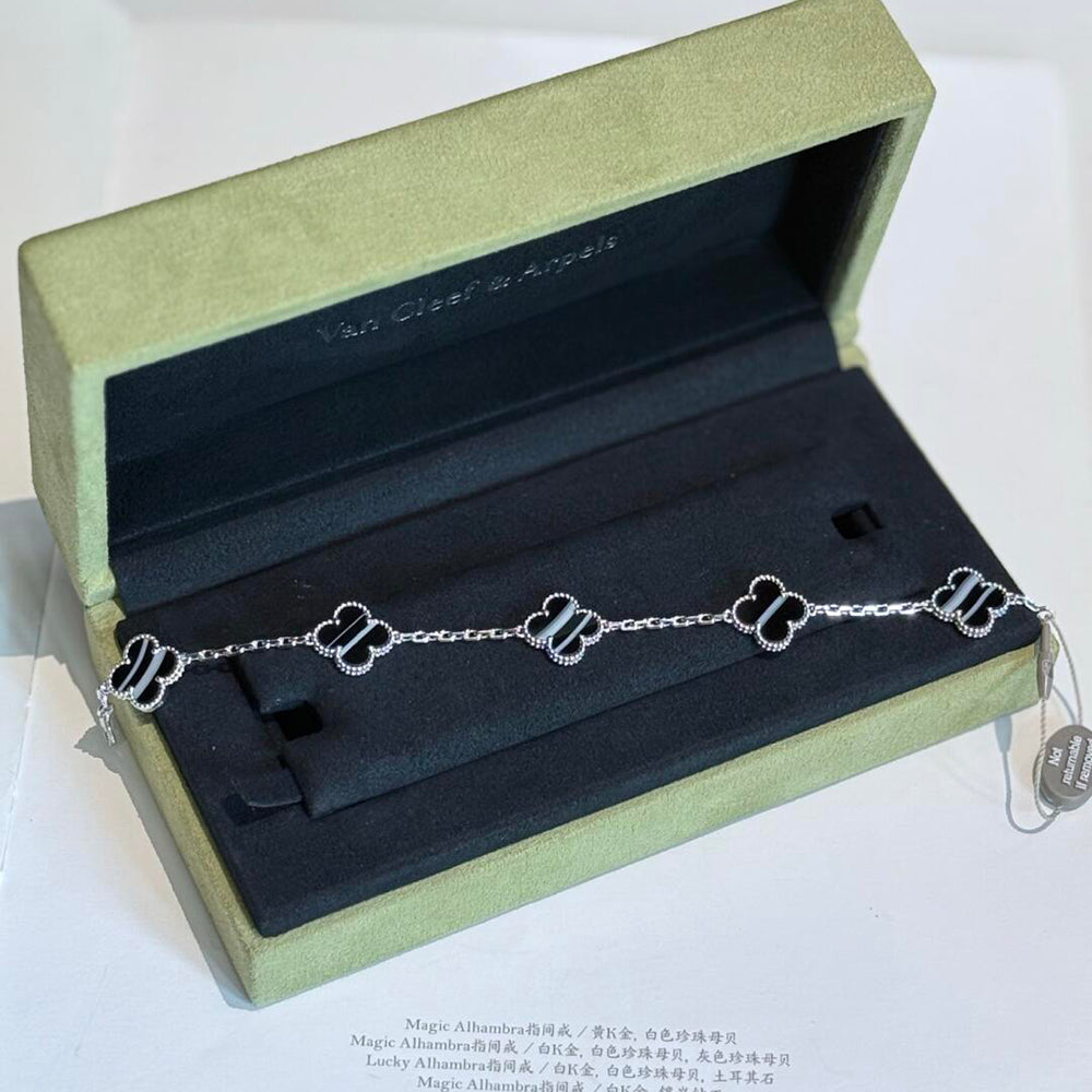 [Love's Uplift]CLOVER 5 MOTIF VEINED ONYX BRACELET SILVER