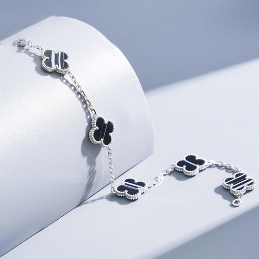 [Love's Uplift]CLOVER 5 MOTIF VEINED ONYX BRACELET SILVER
