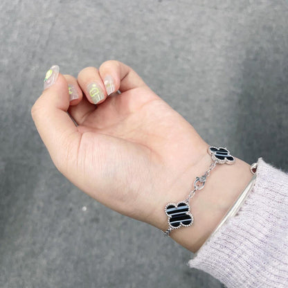 [Love's Uplift]CLOVER 5 MOTIF VEINED ONYX BRACELET SILVER