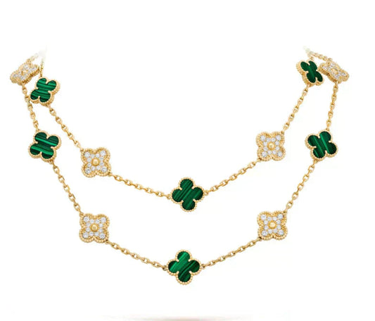 [Love's Uplift]CLOVER 20 MOTIFS MALACHITE DIAMOND NECKLACE