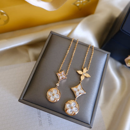 [Love's Uplift]COLOR BLOSSOM LARIAT NECKLACE PINK GOLD WHITE MOTHER PEARL AND DIAMOND