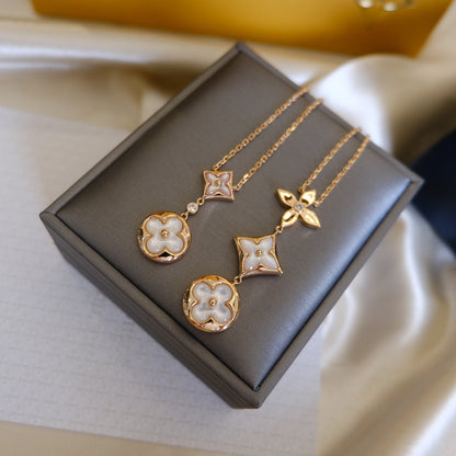 [Love's Uplift]COLOR BLOSSOM LARIAT NECKLACE PINK GOLD WHITE MOTHER PEARL AND DIAMOND