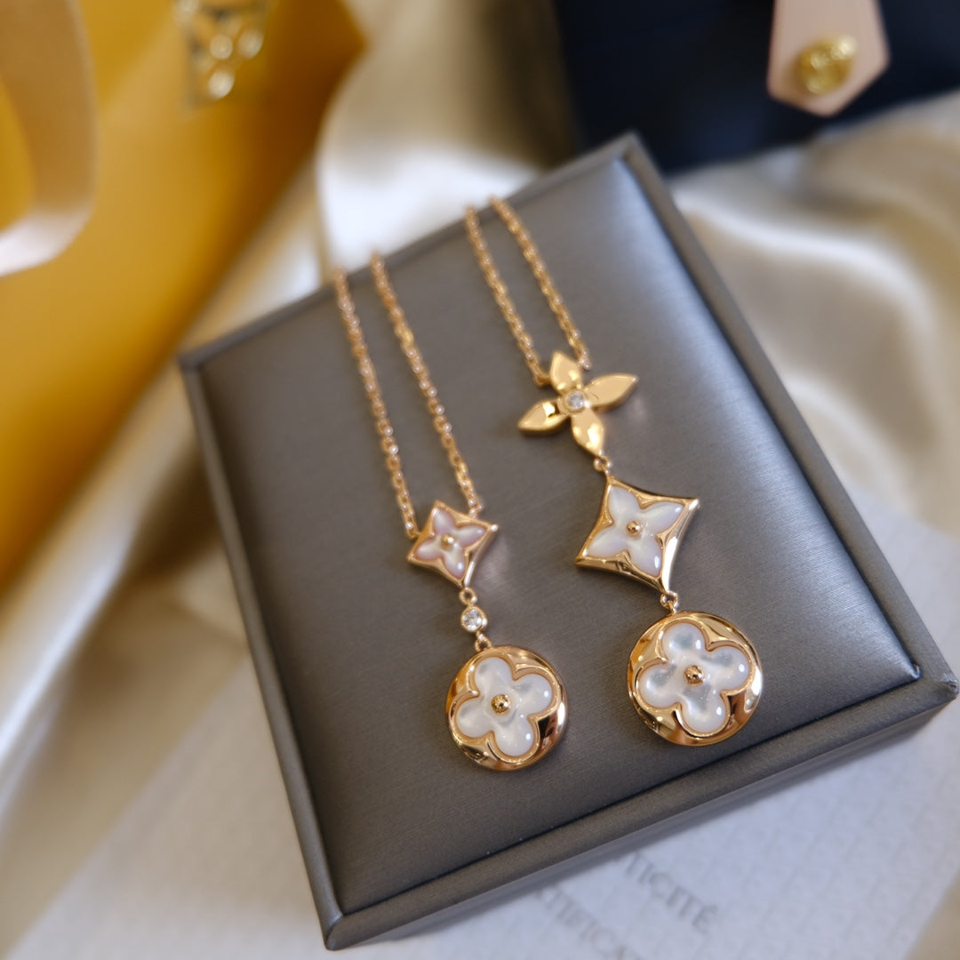 [Love's Uplift]COLOR BLOSSOM LARIAT NECKLACE PINK GOLD WHITE MOTHER PEARL AND DIAMOND