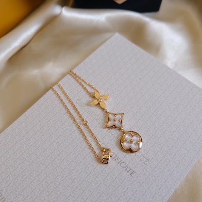 [Love's Uplift]COLOR BLOSSOM LARIAT NECKLACE PINK GOLD WHITE MOTHER PEARL AND DIAMOND