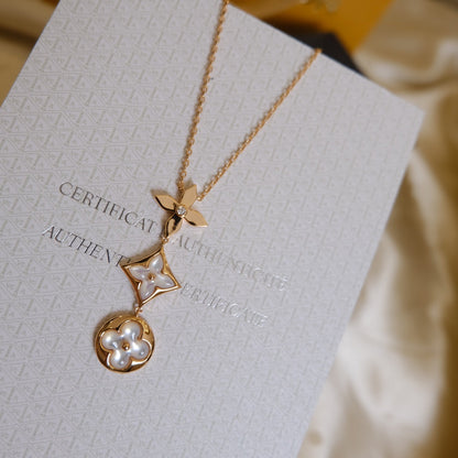 [Love's Uplift]COLOR BLOSSOM LARIAT NECKLACE PINK GOLD WHITE MOTHER PEARL AND DIAMOND