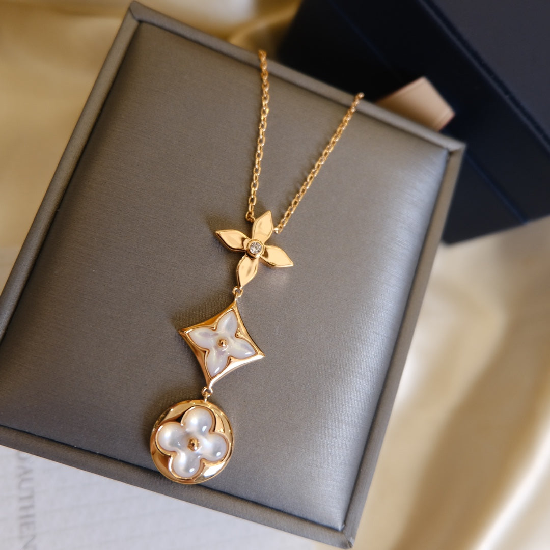 [Love's Uplift]COLOR BLOSSOM LARIAT NECKLACE PINK GOLD WHITE MOTHER PEARL AND DIAMOND