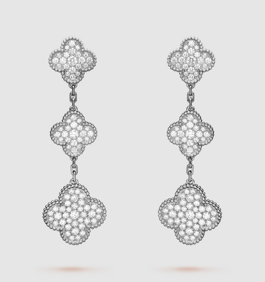 [Love's Uplift]CLOVER 3 MOTIF DIAMOND SILVER DROP EARRINGS