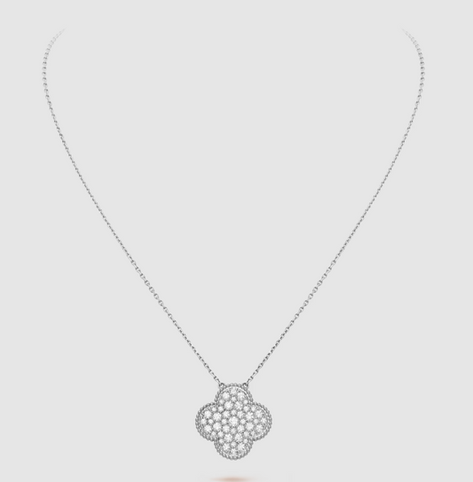 [Love's Uplift]CLOVER 25MM LARGE PENDANT DIAMOND PAVED SILVER NECKLACE