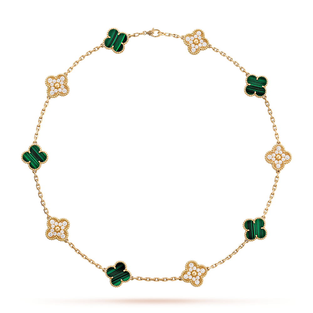 [Love's Uplift]CLOVER 10 MOTIFS MALACHITE DIAMOND NECKLACE