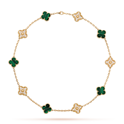 [Love's Uplift]CLOVER 10 MOTIFS MALACHITE DIAMOND NECKLACE