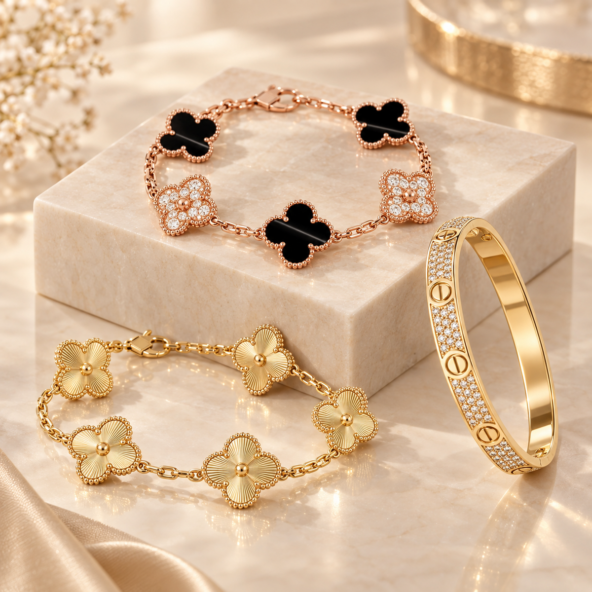 [Love's Uplift]Clover Laser  Pulsar Stone 5-Motif & LOVE Diamond-Paved Bracelet Stack Set