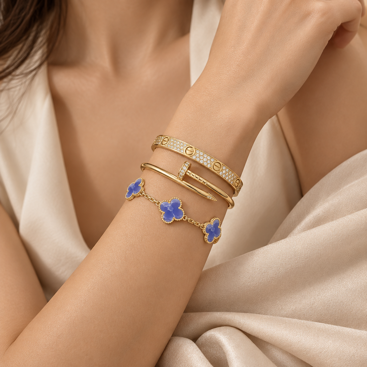 [Love's Uplift] LOVE & JUSTE & Blue Veins Clover 5-Motif Diamond Bracelet Stack Set