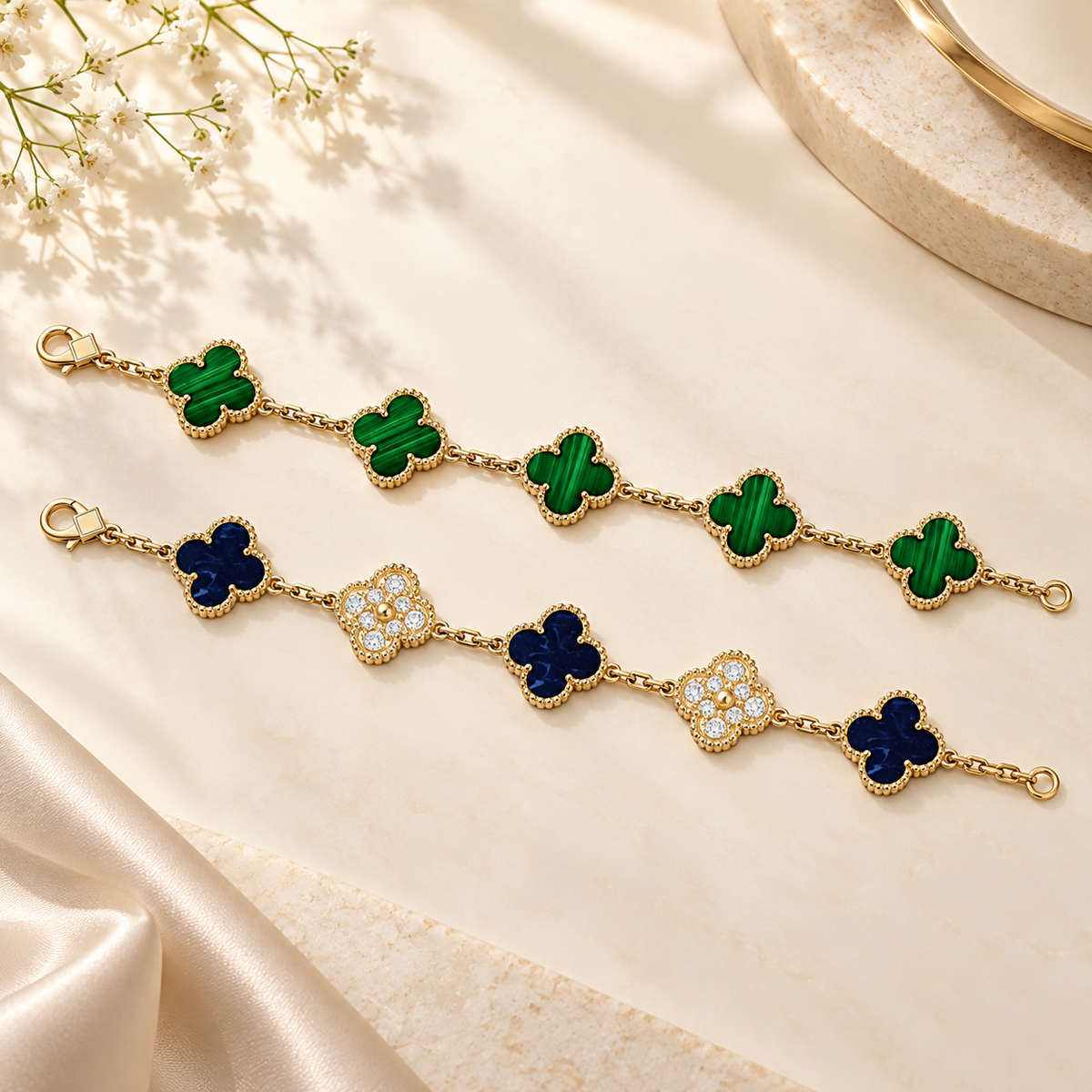 [Love's Uplift]Clover 5-Motif Malachite & Pietersite Bracelet Stack Set