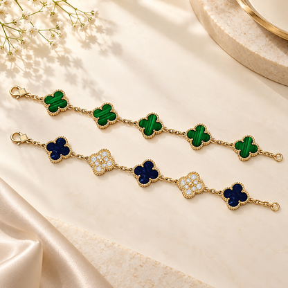 [Love's Uplift]Clover 5-Motif Malachite & Pietersite Bracelet Stack Set