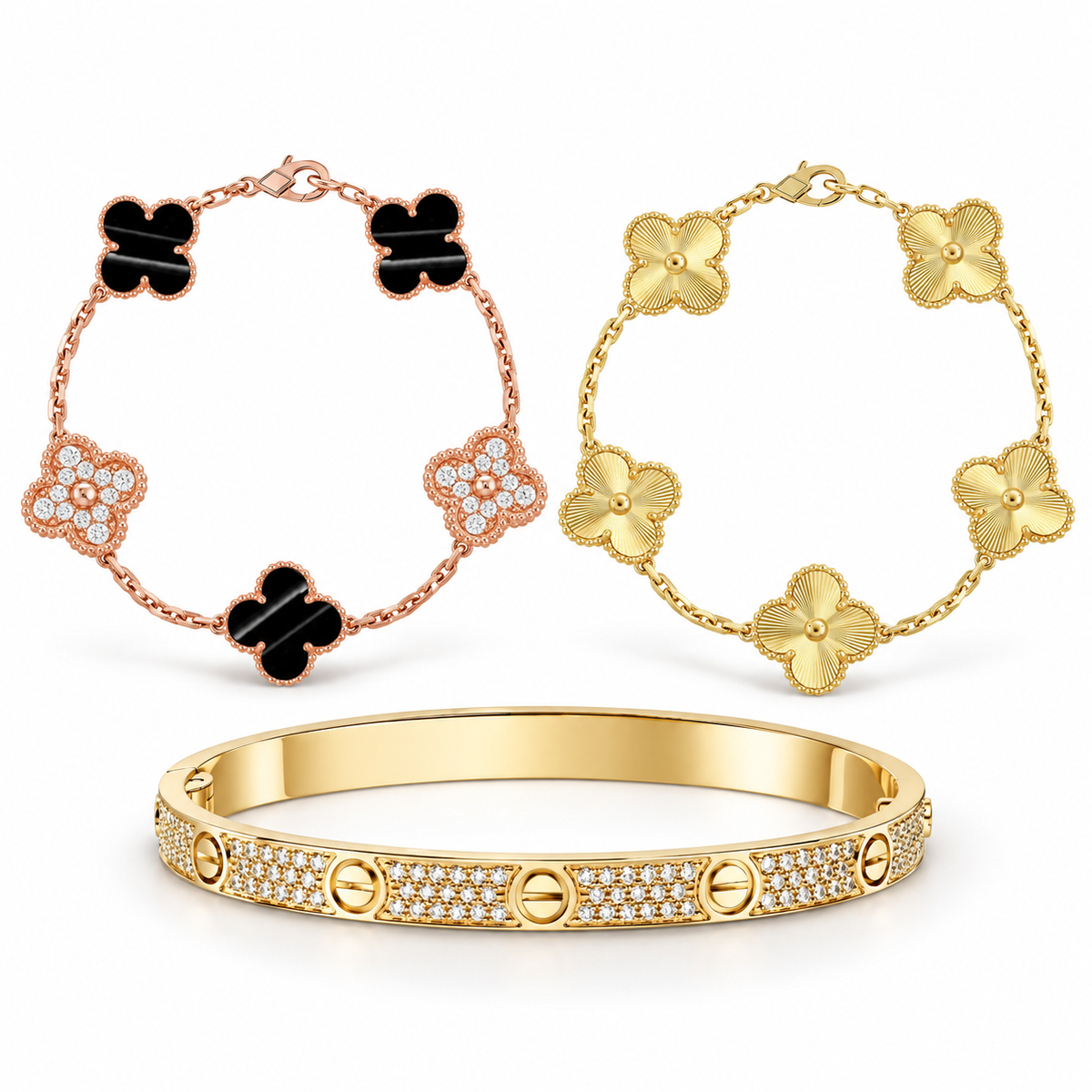 [Love's Uplift]Clover Laser  Pulsar Stone 5-Motif & LOVE Diamond-Paved Bracelet Stack Set