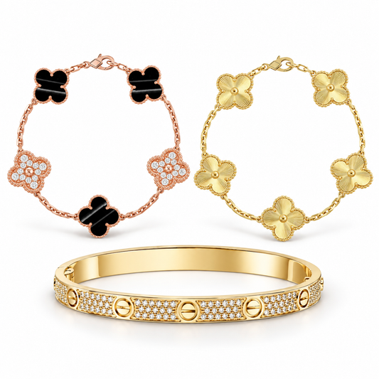 [Love's Uplift]Clover Laser  Pulsar Stone 5-Motif & LOVE Diamond-Paved Bracelet Stack Set