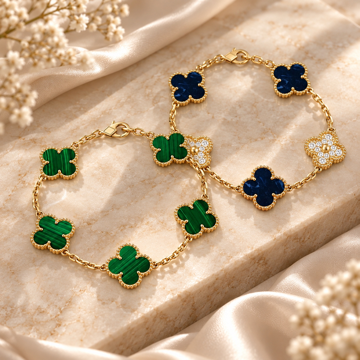 [Love's Uplift]Clover 5-Motif Malachite & Pietersite Bracelet Stack Set