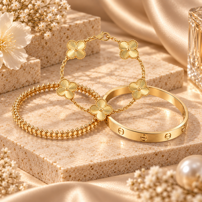 [Love's Uplift] CLASH & Clover Laser 5-Motif & LOVE Brushed Bracelet Stack Set