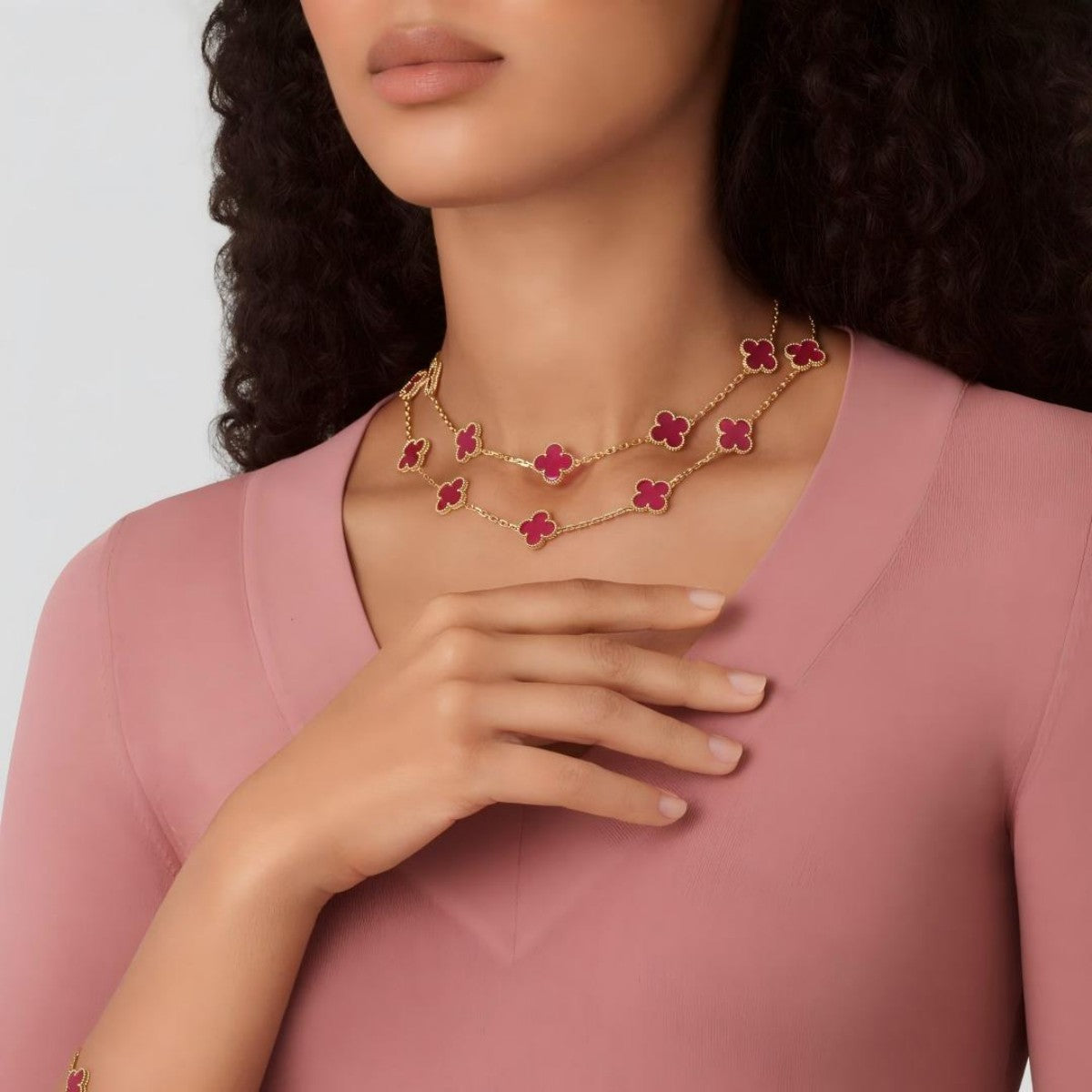 [Love's Uplift]Clover Pink Enamel Necklace & Earring Jewelry Set