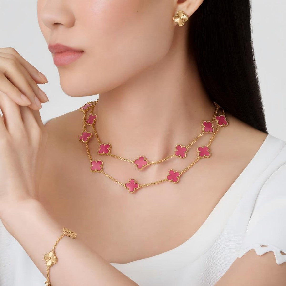 [Love's Uplift]Clover Pink Enamel Necklace & Earring Jewelry Set