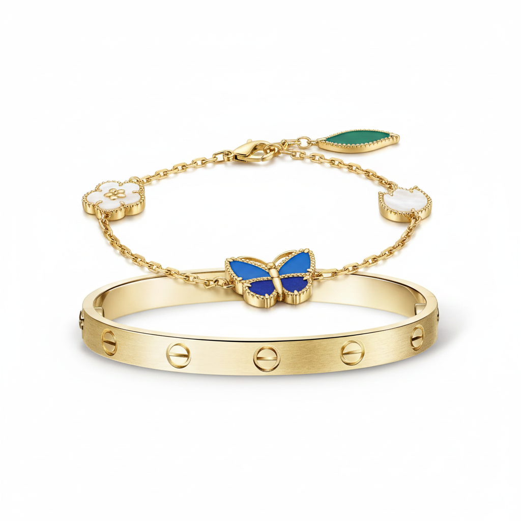 [Love's Uplift] LOVE Brushed & Lucky Spring Butterfly 5-Motif Bracelet Stack Set