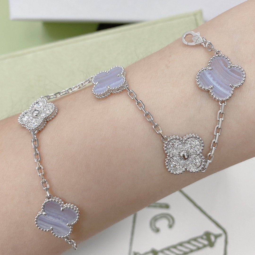 [Love's Uplift]CLOVER  5 MOTIF DIAMOND PURPLE CHALCEDONY BRACELET SILVER