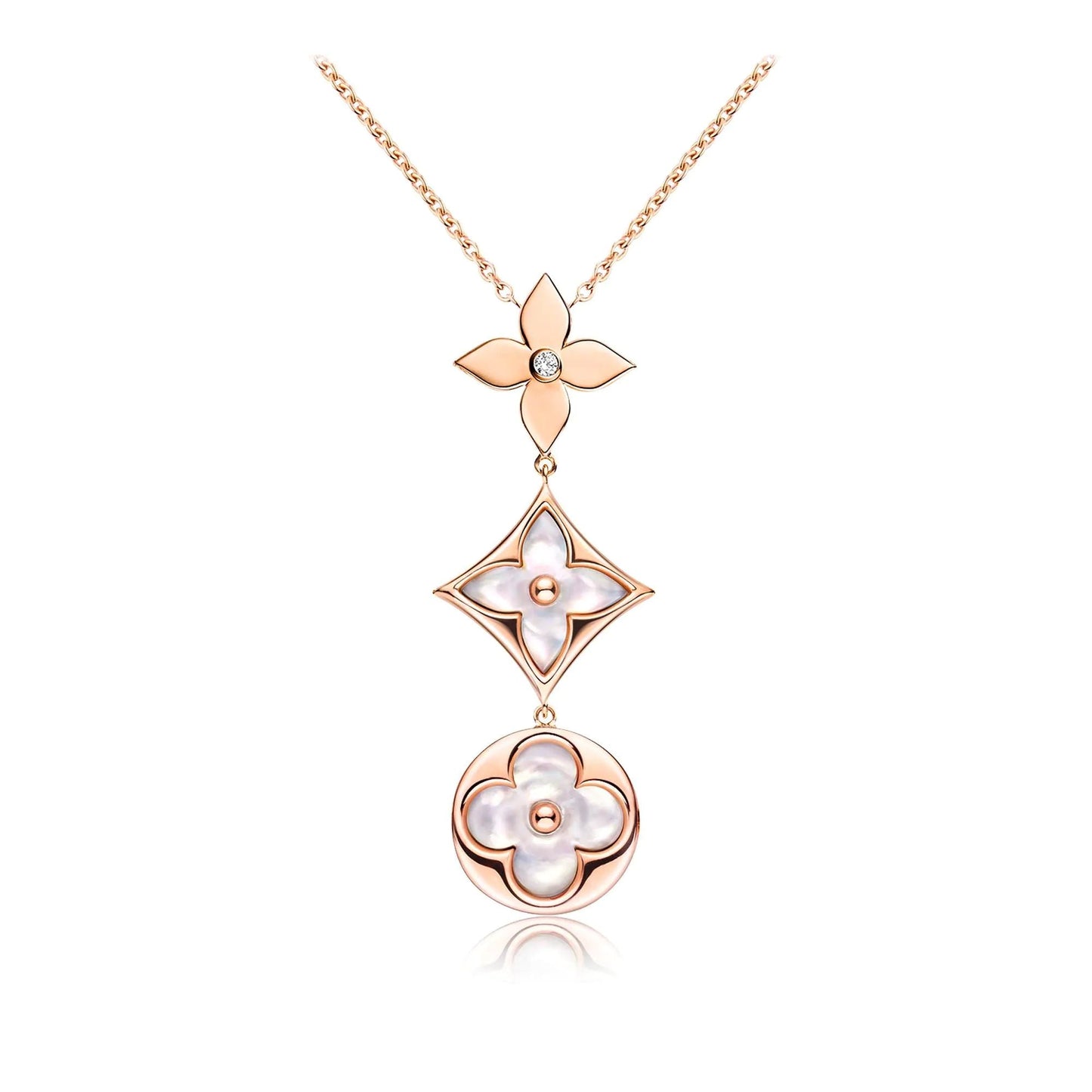 [Love's Uplift]COLOR BLOSSOM LARIAT NECKLACE PINK GOLD WHITE MOTHER PEARL AND DIAMOND
