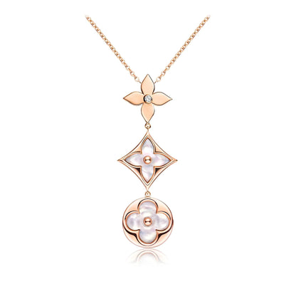 [Love's Uplift]COLOR BLOSSOM LARIAT NECKLACE PINK GOLD WHITE MOTHER PEARL AND DIAMOND