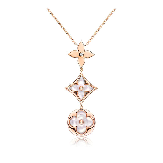 [Love's Uplift]COLOR BLOSSOM LARIAT NECKLACE PINK GOLD WHITE MOTHER PEARL AND DIAMOND