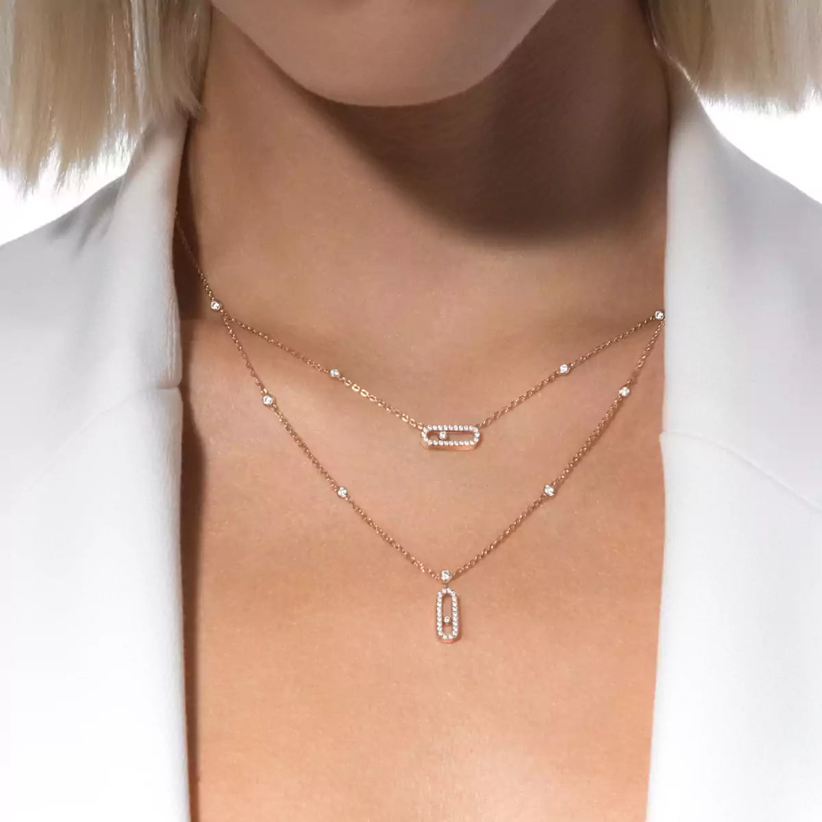 [Love's Uplift Jewelry]2 Rows Rose Gold Diamond Pave_ Necklace Move Uno
