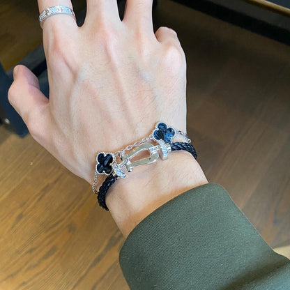 [Love's Uplift]CLOVER 5 MOTIF PIETERSITE SILVER BRACELET