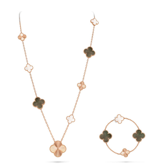 [Love's Uplift]DETACHABLE CLOVER 15(11+4) FLOWER ROSE GOLD NECKLACE SET