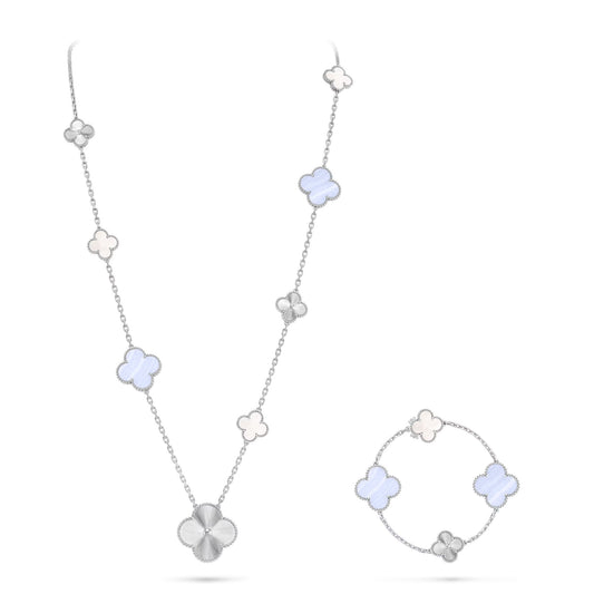 [Love's Uplift]DETACHABLE CLOVER 15(11+4) FLOWER SILVER NECKLACE SET