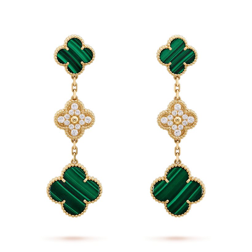 [Love's Uplift]CLOVER EARRINGS GOLD MALACHITE DIAMOND 3 MOTIF