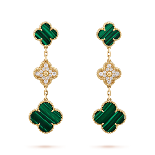 [Love's Uplift]CLOVER EARRINGS GOLD MALACHITE DIAMOND 3 MOTIF