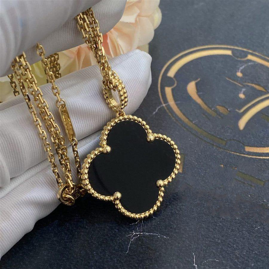 [Love's Uplift]CLOVER 25MM GOLD ONYX BIG CLOVER NECKLACE