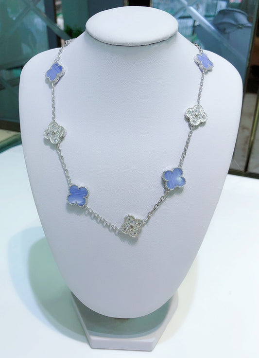 [Love's Uplift]CLOVER 10 MOTIFS CHALCEDONY DIAMONDS SILVER NECKLACE