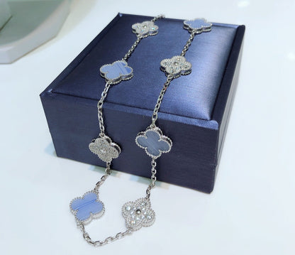 [Love's Uplift]CLOVER 10 MOTIFS CHALCEDONY DIAMONDS SILVER NECKLACE