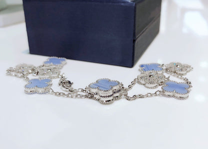 [Love's Uplift]CLOVER 10 MOTIFS CHALCEDONY DIAMONDS SILVER NECKLACE