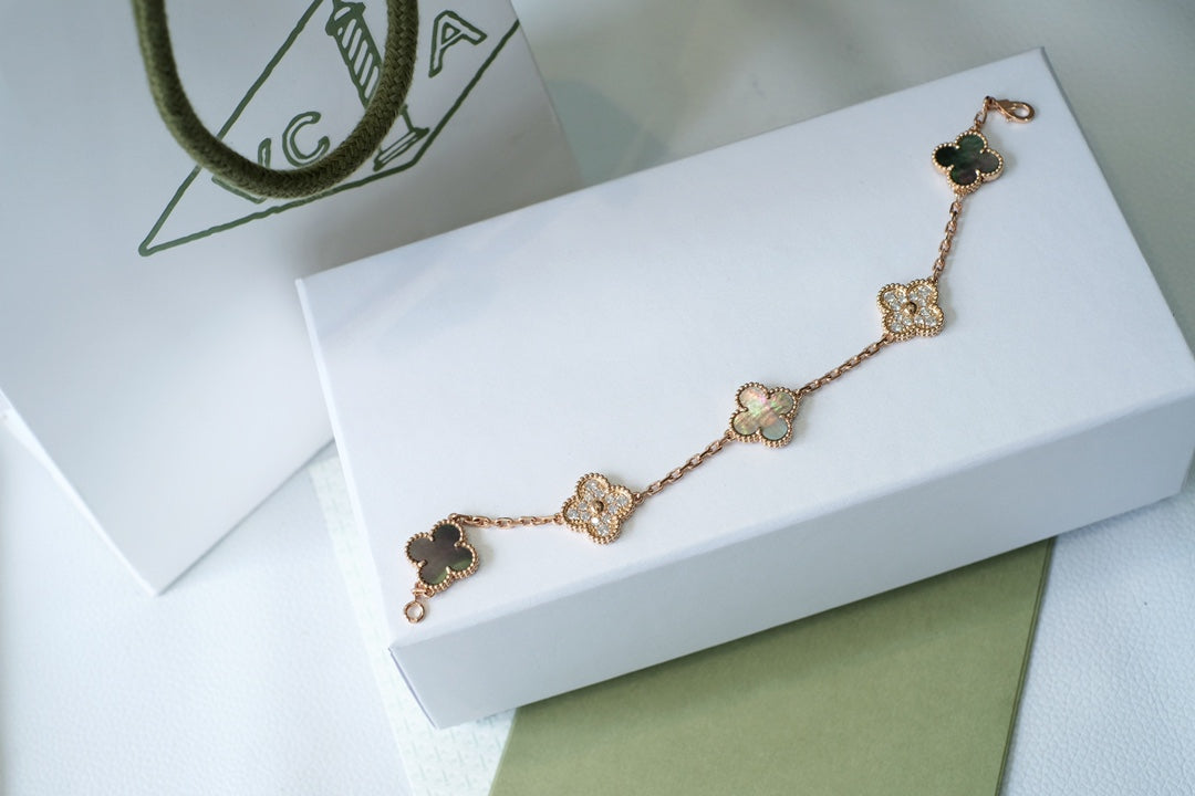 [Love's Uplift]CLOVER 5 MOTIFS DARK MOP AND DIAMONDS PINK GOLD BRACELET