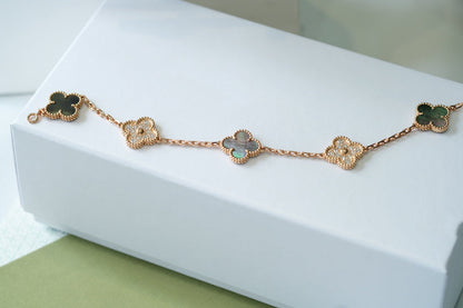 [Love's Uplift]CLOVER 5 MOTIFS DARK MOP AND DIAMONDS PINK GOLD BRACELET