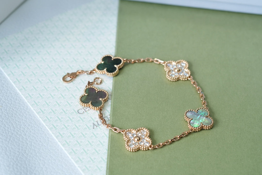[Love's Uplift]CLOVER 5 MOTIFS DARK MOP AND DIAMONDS PINK GOLD BRACELET