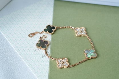 [Love's Uplift]CLOVER 5 MOTIFS DARK MOP AND DIAMONDS PINK GOLD BRACELET