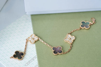 [Love's Uplift]CLOVER 5 MOTIFS DARK MOP AND DIAMONDS PINK GOLD BRACELET