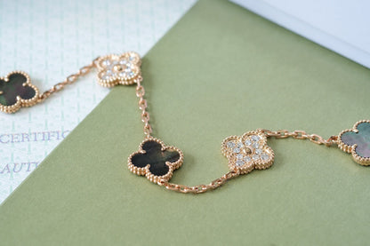 [Love's Uplift]CLOVER 5 MOTIFS DARK MOP AND DIAMONDS PINK GOLD BRACELET